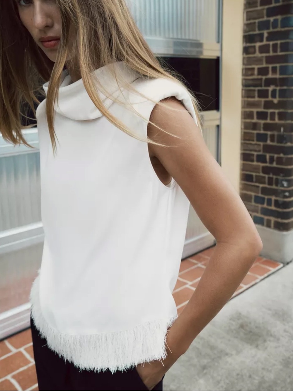 ZARA Knit Fringe Sleeveless Top Ivory Mock Neck Size M NWT 2176/743 - Picture 11 of 12